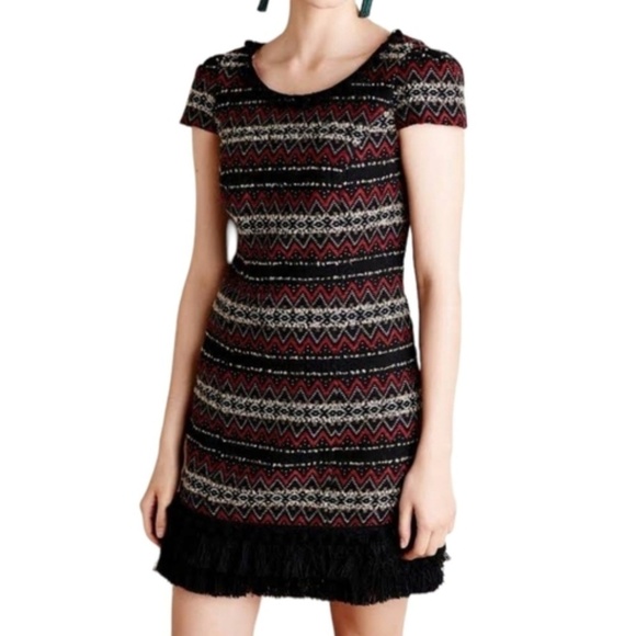 Anthropologie Vanessa Virginia Jinete Blanket Fringe Shift Dress Chevron Pom 4 - Picture 1 of 12